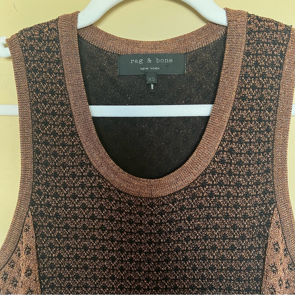 Rag & Bone Metallic Brown Knit Mini Dress l Sleeveless Bodycon Sweater Dress - Picture 3 of 5